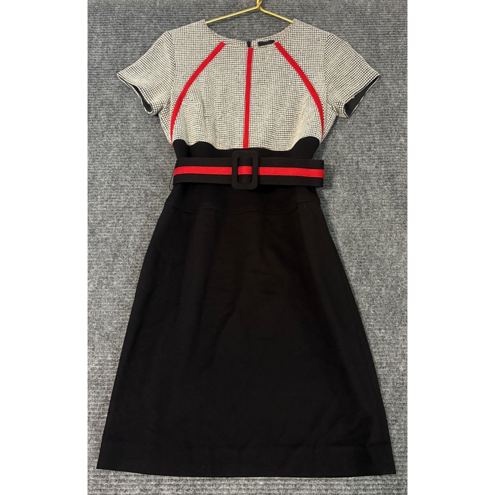 Bigio Collection Women Black White Textured Sheath Dress Red Trim Belted Size 4